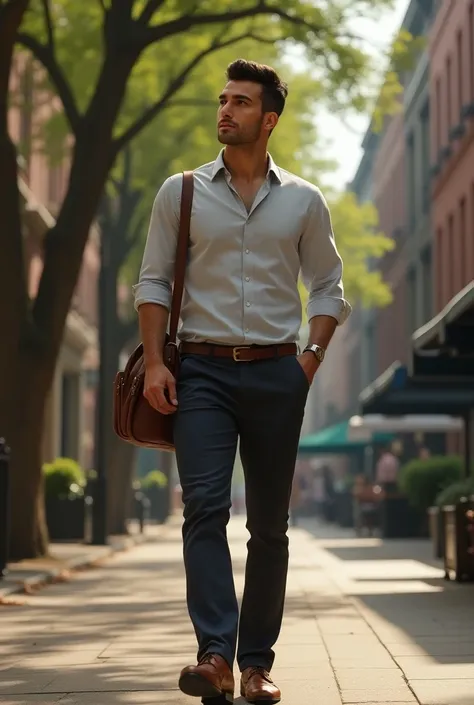 Handsome young man walking down the street thoughtfully