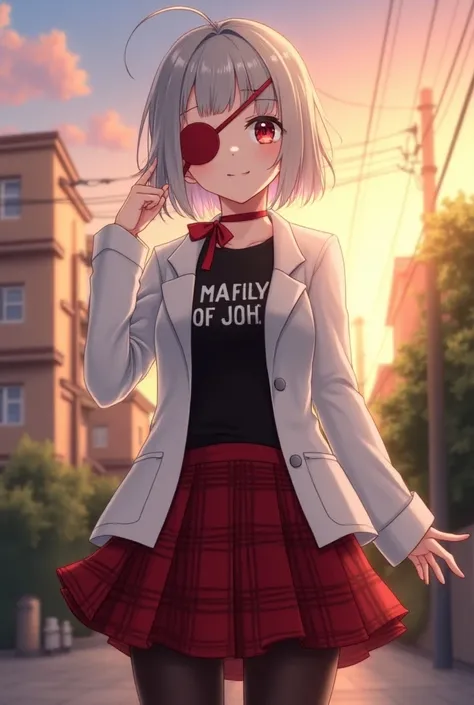  short hair, Red Eyes,Gray Hair,black eyepatch on left eye ,スcool用Tシャツ,Red ribbon,White blazer, red plaid skirt,cool,Neutral,Black tights,smile,Ahoge,beautiful girl,Best Quality,Anime Style, residential area in the sunset sky 