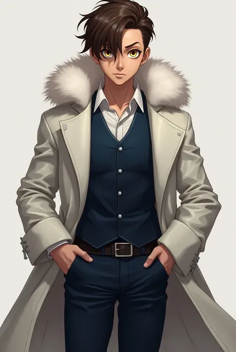 A strong 20-year-old with apparent muscles, yellow eyes,  brown-haired . A suspicious look and a goofy smile .  wears a navy blue vest over a white puff-sleeved shirt,  and a thick white coat and lots of fur around his collar . 