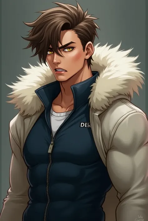 A strong 20-year-old with apparent muscles, yellow eyes,  brown-haired . A suspicious look and a goofy smile .  wears a navy blue vest over a white puff-sleeved shirt,  and a thick white coat and lots of fur around his collar . semi-realistic style.