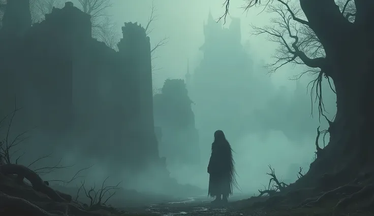 hard fog, surreal nature elements, dark fantasy, dungeon, sad warrior with long hair