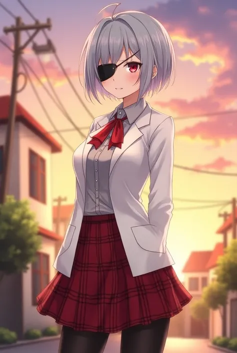  short hair, Red Eyes,Gray Hair,Black eyepatch on left eye ,スcool用Tシャツ, red ribbon on chest,White blazer, red plaid skirt ,cool,Neutral,Black tights,smile,Ahoge,beautiful girl,Best Quality,Anime Style, residential area in the sunset sky ,High school girl,u...