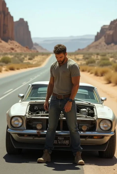 A man with his car standing in the middle of the deserted road tinkering with the engine of his realistic car 