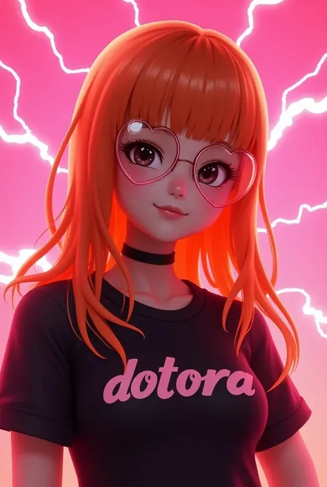 Free Fire game style female character,
With long orange hair, black eyes,  transparent heart glasses, And a written top "dotora"   with a pink background with lightning 