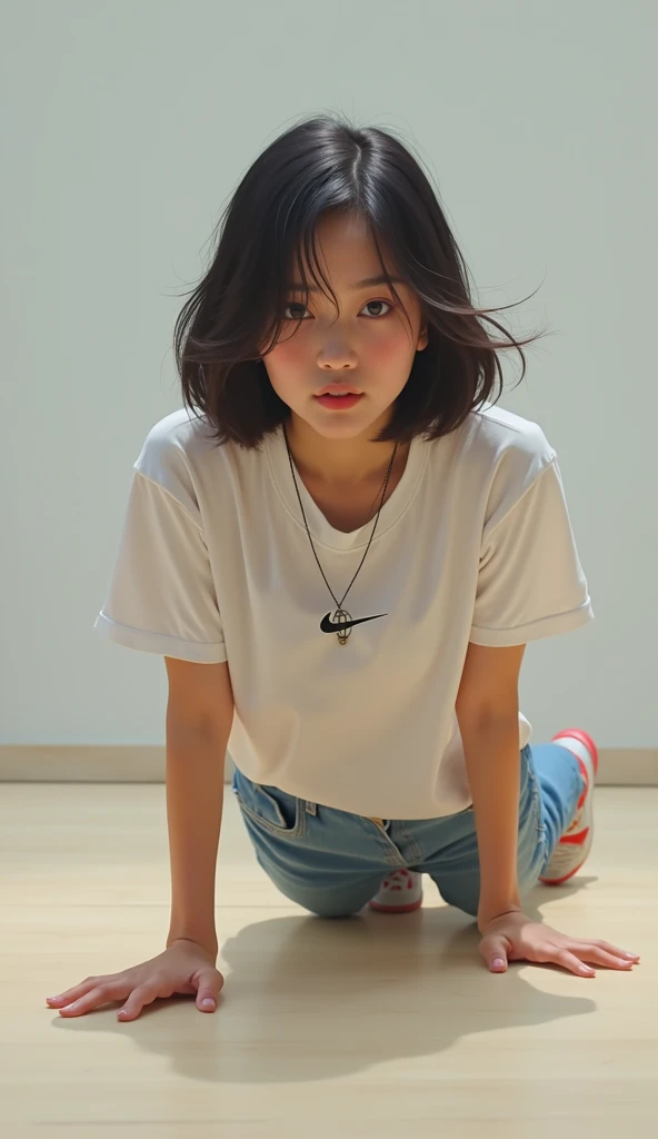 Japanese woman with bob hair, wearing a Nike T-shirt and a necklace, crawling on all fours