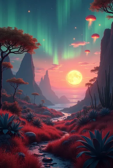 unreal engine style,ultra-detailed, alien landscape, strange-looking trees, vibrant red grass, blue cactus,green aurora, floating jellyfish,orange starry sky, natural giant piercing crystal pillar,ethereal blue leaves, giant and yellow bioluminescent mushr...