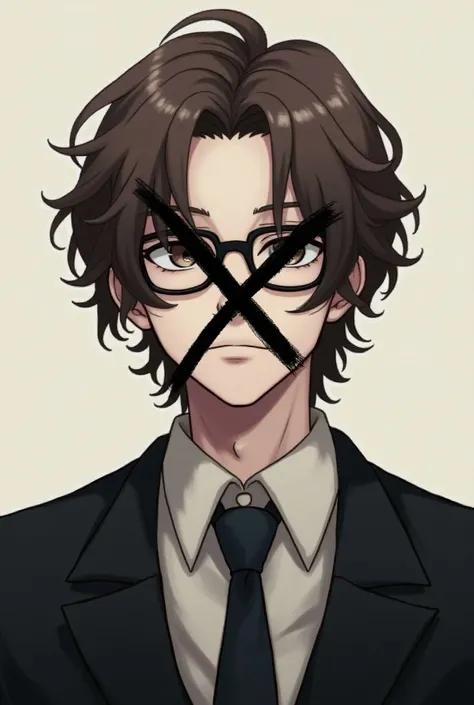  An adult male anime version with long curly brown hair wearing glasses his face is covered by a black x made of a pen, The man is wearing a suit .
