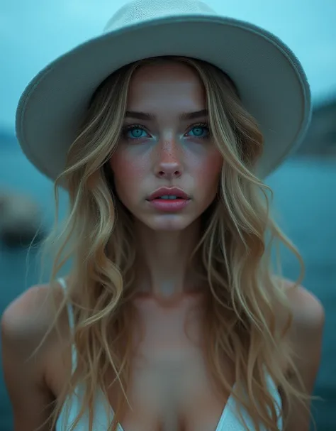 ,Attractive Young Woman,With cinnamon for oily skin,  Face similar to the model Sandra Kubicka , , intense emerald blue eyes ,  Very long wavy blonde hair  , pink lips with contour ,naked covered with a white hat ,In front of a blue moon,  ultra mega-reali...