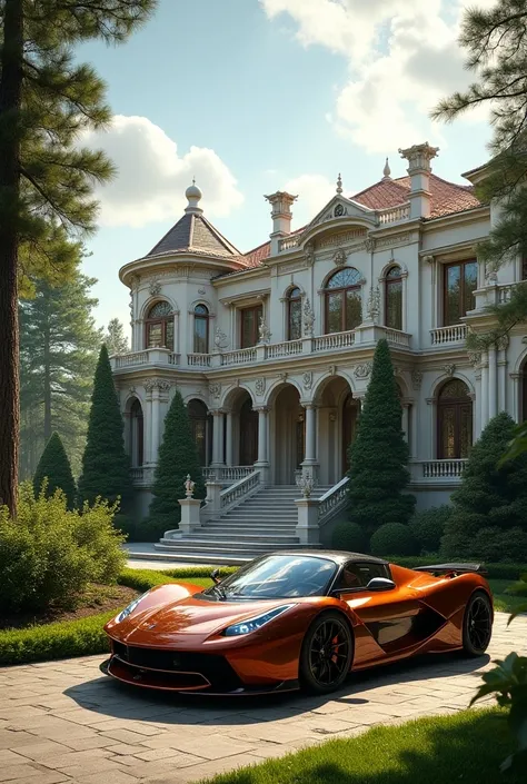  panoramic image of a luxurious mansion with an imported car , showcasing ultimate luxury and grandeur. Let me know if you need any adjustments!