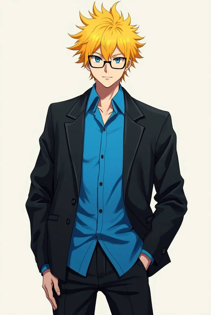 Anime character man yellow hair blue shirt with black jacket black pants with glasses