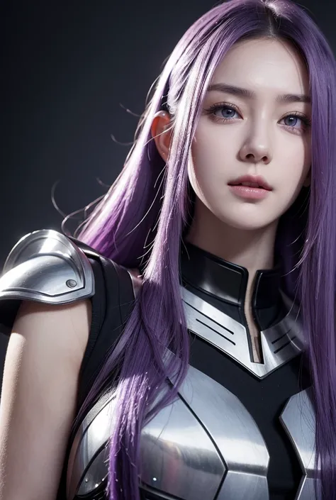 A female character , Young, 25 years, white skin, long hair, violet hair, Lilac eyes,  wearing steel armor, capa branca, sharp face, jovial,  serious expression 