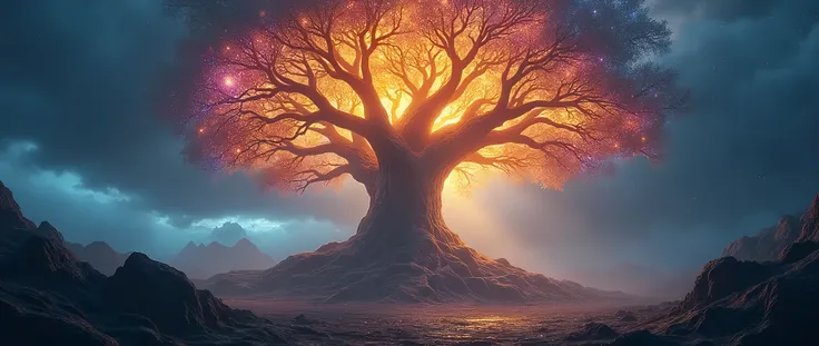 
"A colossal, radiant tree at the center of a mystical, darkened landscape. Its wide-reaching branches glow with colors of gold, red, blue, and purple, illuminating the sky around it. Roots stretch deep into the earth, symbolizing an ancient connection to ...