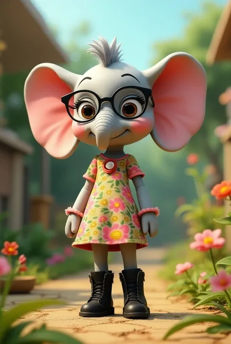 An elephant girl wearing floral clothes and black boots and glasses in the animated Backyardigans style 