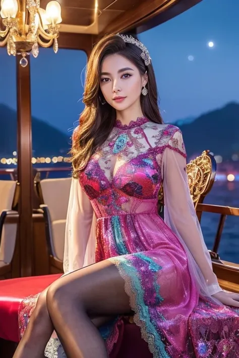 Super delicate face、Ultra-detailed eyes and face、double eyelid、 shiny lips、(Full Body Portrait)、((colorful full lace long dress))、((Silk Pantyhose))、High heels、1 girl 、You can see her beautiful long dress and high heels、( Two Balanced Legs)、 perfect body、P...