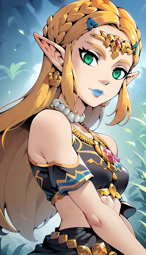 Score_9, Score_8_high, Score_7_high, Score_6_high, geewhy_Stil, Princess Zelda,
 1 girl, Alone,  looking at the viewer, Schmuck, Gold,  long hair, green eyes, blonde hair, pointed ears, fair-skinned woman, makeup, lipstick,  Necklace, blue lips, Breasts,  bare shoulders,  crop top, black dress
cowboy shot ,  Dutch angle ,  light smile , 
