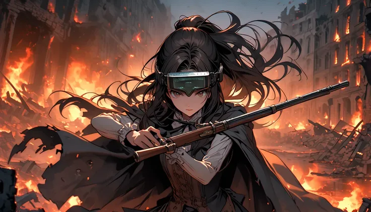 solo, female, close up, long hair, ponytail, brown-black hair, head-mounted device magical device, holding weapon, musket, night, ruins, fire, destroyed city, combat, dynamic pose, worn clothes, cape, victorian era, antique technology, huntress, aiming, do...