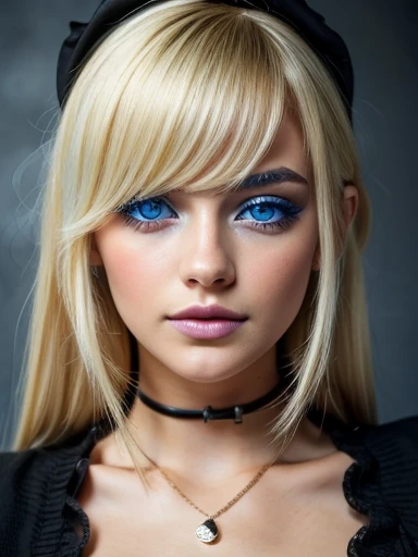 Cute face,  blue eyes, blonde, dark makeup 