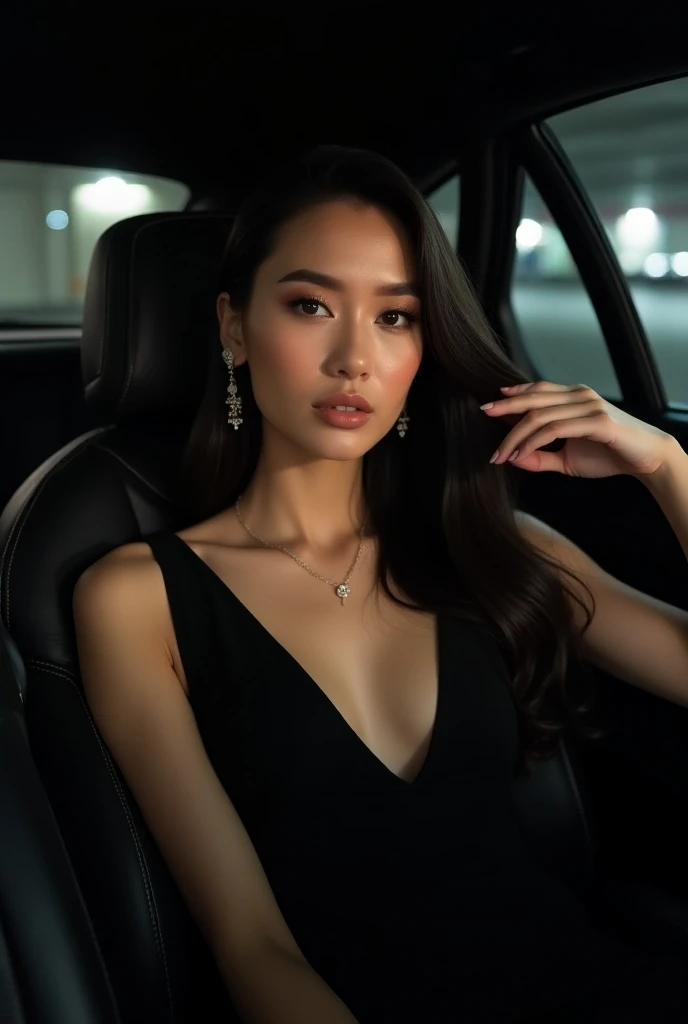 Distant Close-up image of a fair-skinned young woman sitting in the backseat of a luxury car. She is wearing a tight and elegant black long dress that fits her body.  The dress has a U-neck and seems to be made of a smooth, high-quality material . She has ...