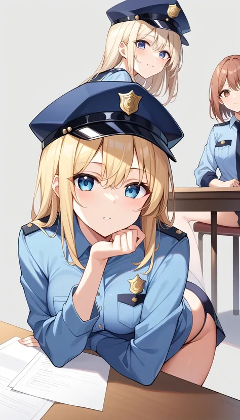 (最 high quality:1.2),( table top to cover upper arms:1.2),   multiple girls , high quality、 Kampala、 high quality、2 girls。Police Officer。 女性Police Officer 。。mesugaki,Police Officerの帽子。(Lily:0.7), gray background , Same uniform,