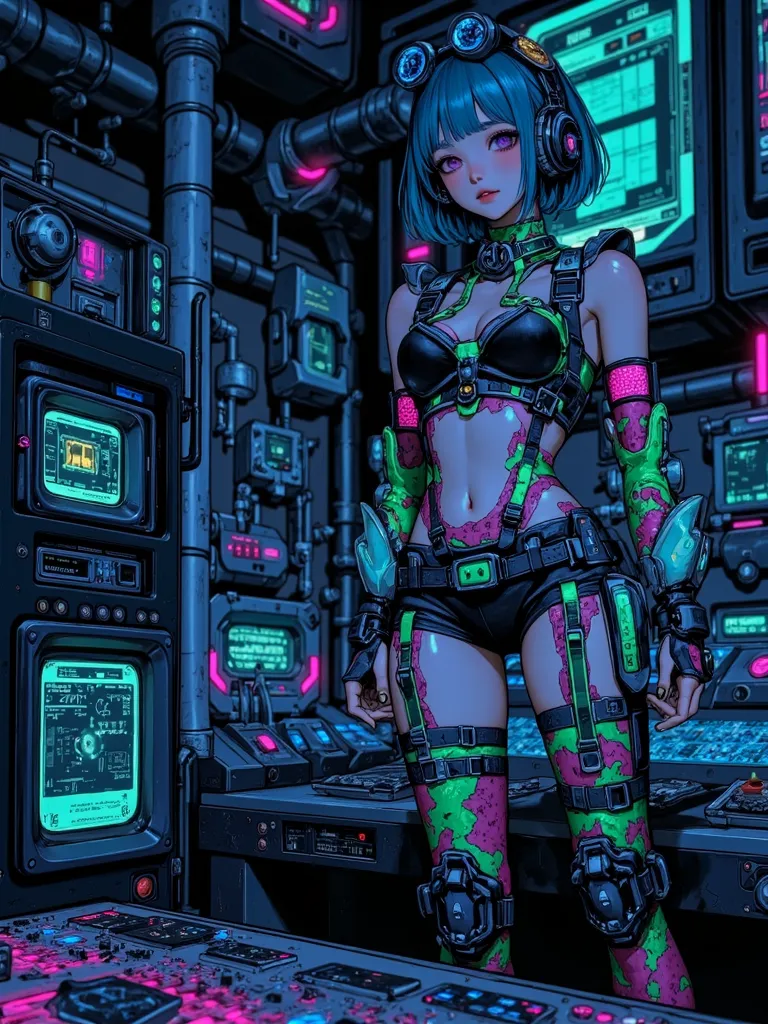 1girl in colorful uniform, she is in front of a desk with a computer and a monitor in a room, cyberpunk setting, cyberpunk aesthetics, cyberpunk atmosphere, cyberpunk aesthetic, cyberpunk vibe, in a cyberpunk themed room, like a cyberpunk workshop, cyberpunk in a cyberpunk city, hyper-realistic cyberpunk style, in a cyberpunk setting, cyberpunk vibes, cyberpunk art style, cyberpunk theme, in cyberpunk aesthetic, cyberpunk interior