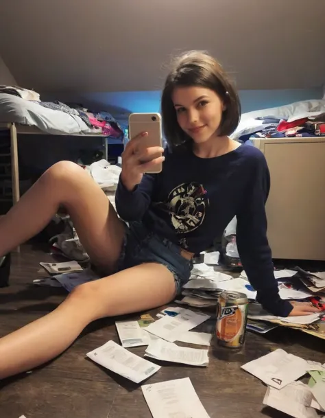 photo taken with an iPhone 6, 15yo, eax woman, brunette bob cut hair, small breasts, young woman toned, taking a sexy selfie with legs spread showing vagina, ), late at night in a dormroom, papers, desk, bed, laundry on the floor, drunk, beer cans on the floor, (camera flash illuminates the foreground), 