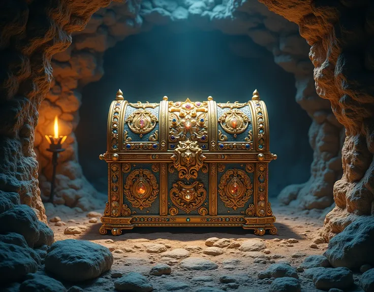  cave dungeon、A gorgeous treasure chest studded with gold, silver, and jewels、/camera、front、From a slightly higher vantage point to the back of the 
