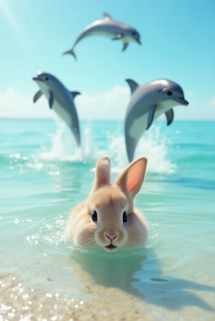 A rabbit in the sea on a beach with dolphins 
