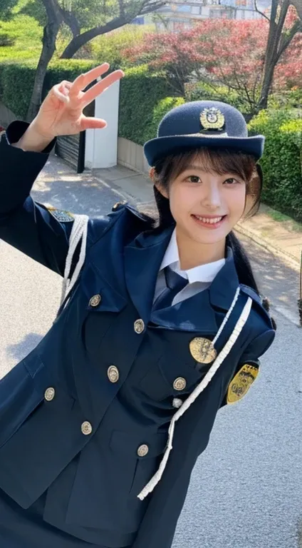  beautiful Japanese women , 23 years old、Police Officer、  flicking off the camera 、Straight image of an upright and expressionless 、 Unbuttoned Shirt .open front shirt