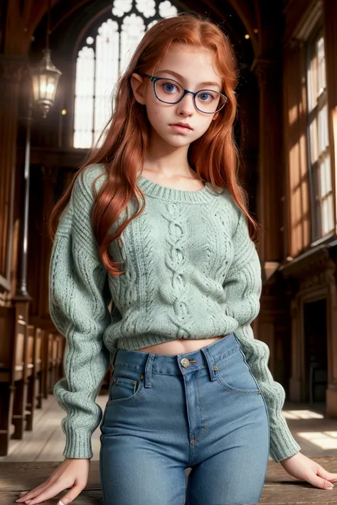 A hyper-realistic and extremely detailed and perfect image. Photograph of a litrle teenager 12years old de, by Annie Leibovitz, glasses, perfectly detailed face, perfectly and extremely detailed eyes, hyper-realistic eyes, green eyes, redhead, red Hair, ne...