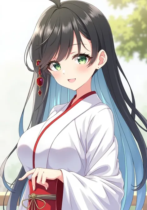 Pretty young adult girl with long black hair and green eyes Esmeralda with big breasts wearing a traditional Japanese priestess costume on the background of a shrine in the day.(anime style).