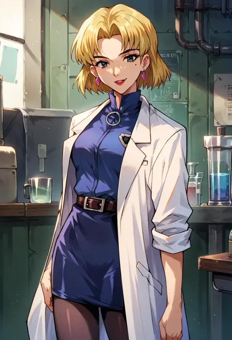 score_9, score_8_up, score_7_up, 1girl, solo, ritsuko, 1girl, blonde hair, mole under eye, labcoat, earrings, jewelry, short hai...