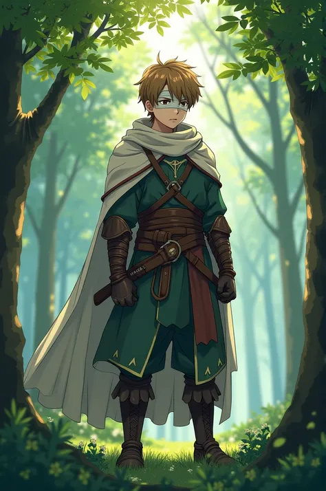 17-year-old boy ,  light brown hair,  bandages covering the eyes, background forest, medieval anime 2d , warrior clothes 