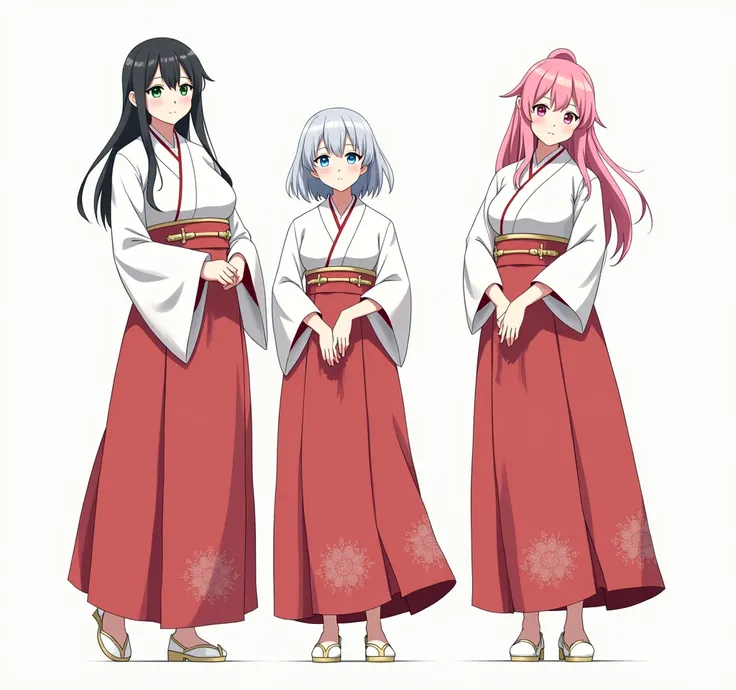 Three young adult girls :   the first a beautiful girl with long black hair with green eyes Emerald with big breasts wearing a traditional Japanese priestess costume .  The second a beautiful girl with long pink hair tied with a ponytail of pink eyes with ...