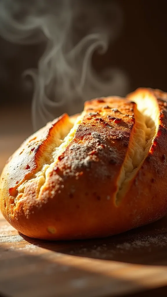 a delicious freshly baked bread, crispy golden crust, soft fluffy interior, steam rising, warm natural lighting, detailed textures, photorealistic, 8k, high resolution, intricate detail, studio lighting, hyper realistic, warm color tones, dramatic shadows and highlights