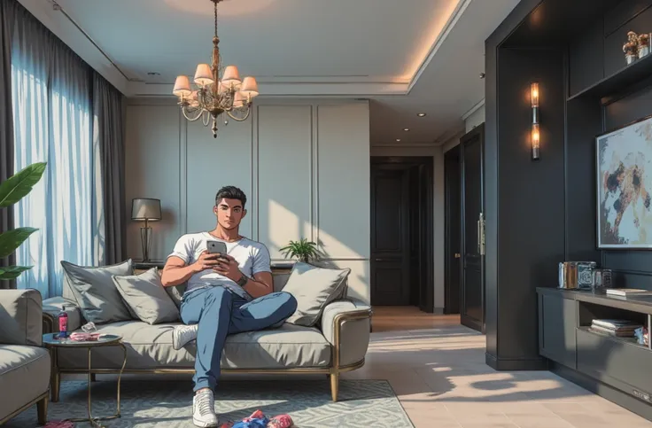 Retro anime style, RonaldoFace sitting in rich big room RichStudio on a grey sofa with his feet up on the table, looking at his iPhone, wearing a white T-shirt and blue jeans and white Convers, figure like Cristiano Ronaldo. There are chips and empty cans ...