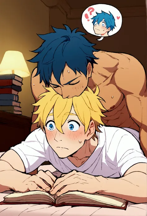 score_9, score_8_up, score_7_up, rating_explicit, source_anime, General, !, !!, !?, 2boys, bed sheet, blonde hair, blue eyes, blue hair, blush, book, closed mouth, eyes closed, muscular, hair between eyes,  heart, indoors, kiss, bara, lying, male focus, mu...