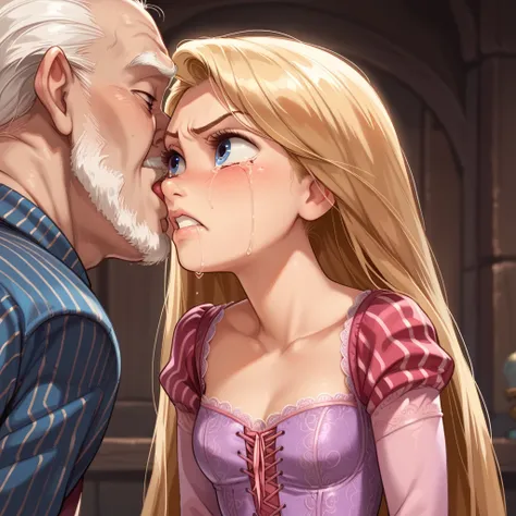 1girl ,rapunzel, skinny, beautiful, blue eyes, ((red dress)), angry, crying, old man kisses her