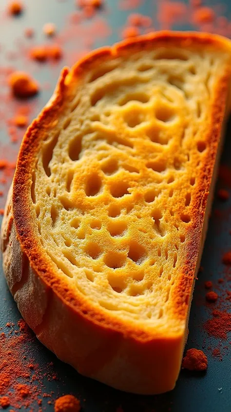  A vibrant close-up photographic exploration that captures the intricate beauty of a single slice of bread in vivid detail, celebrating the visual symphony of crust, crumb, and toasted hues in a captivating still-life series. By magnifying the textures, patterns, and warm golden tones of a single slice, this vibrant visual feast elevates the everyday staple to a work of art, inviting viewers to appreciate the complex simplicity of bread through a Fauvist lens of bold contrasts and spontaneous expression.