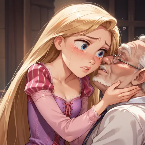 1girl ,rapunzel,,skinny, beautiful, blue eyes, ((red dress)), crying, afraid, old man kisses her,  kised by an old man