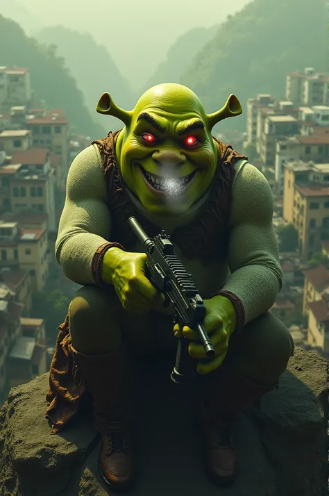 Psychopathic Shrek with red eyes and snorting white powder in his nose, wearing Flamengo clothes and with several firearms in his hand in a giant favela, sitting on the hill with his friends