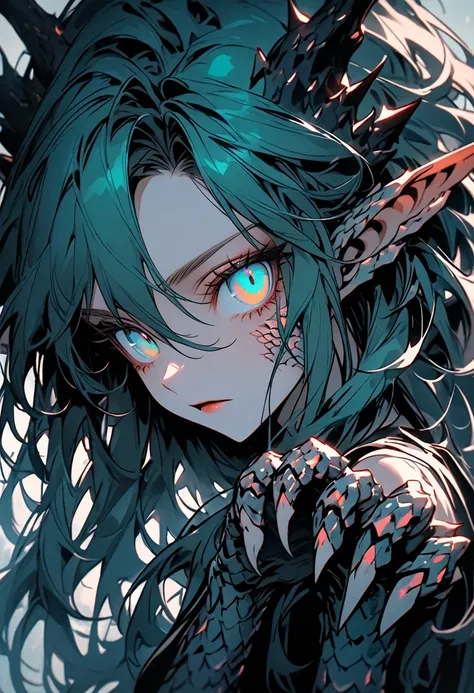 solo, female, close up, long hair, wild hair, teal eyes, slender, scaly ears, pointed ears, dragon girl, futuristic, bright eyes, simple clothes, claw hands, scaled hands, ethereal scales, 