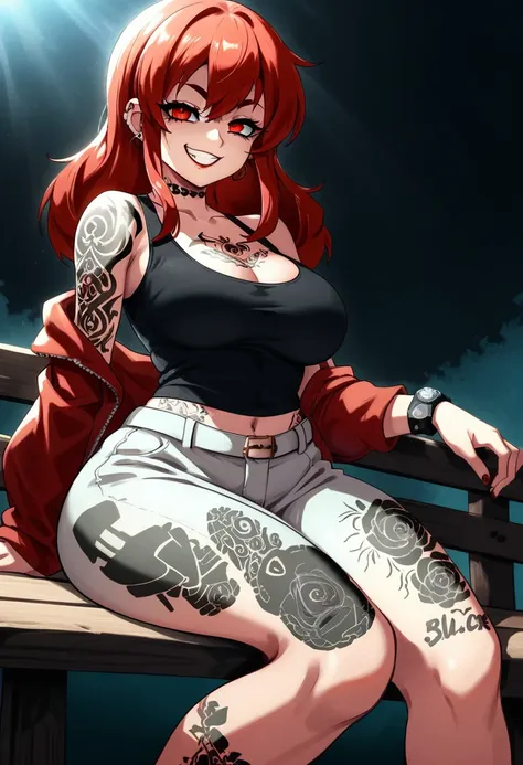 arafed woman with red hair and piercings sitting on a bench, 4k anime style, [[[[grinning evily]]], anime badass 8 k, evil smile...