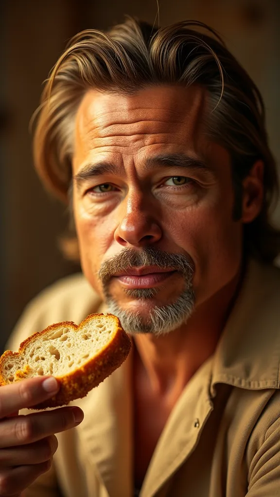 a photo-realistic movie poster, close-up of Brad Pitt made entirely of bread, holding a piece of bread, text on the poster reads "Bread Pitt, Starring in 'The Curious Case of Benjamin Baguette'", dramatic lighting, warm color palette, cinematic composition, hyperrealistic details, (best quality,4k,8k,highres,masterpiece:1.2),ultra-detailed,(realistic,photorealistic,photo-realistic:1.37),portrait,concept art