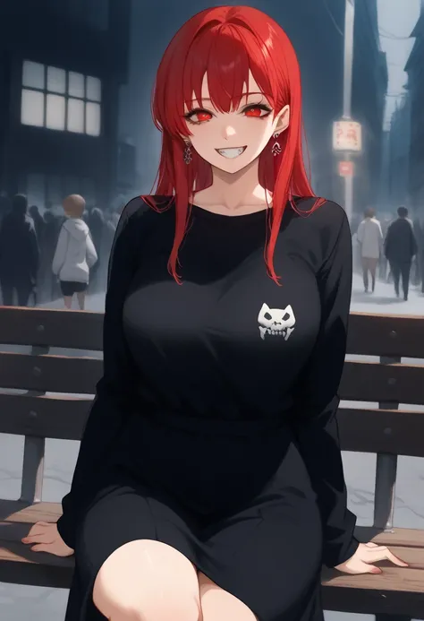 arafed woman with red hair and piercings sitting on a bench, 4k anime style, [[[[grinning evily]]], anime badass 8 k, evil smile...