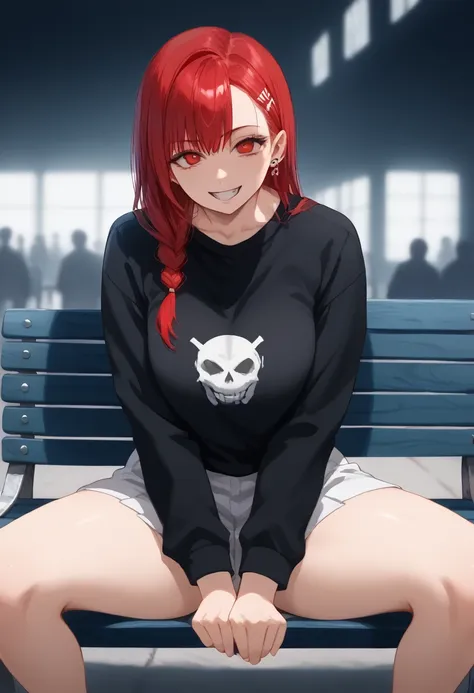 arafed woman with red hair and piercings sitting on a bench, 4k anime style, [[[[grinning evily]]], anime badass 8 k, evil smile...