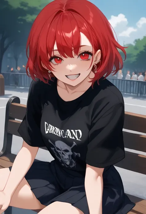 arafed woman with red hair and piercings sitting on a bench, 4k anime style, [[[[grinning evily]]], anime badass 8 k, evil smile...