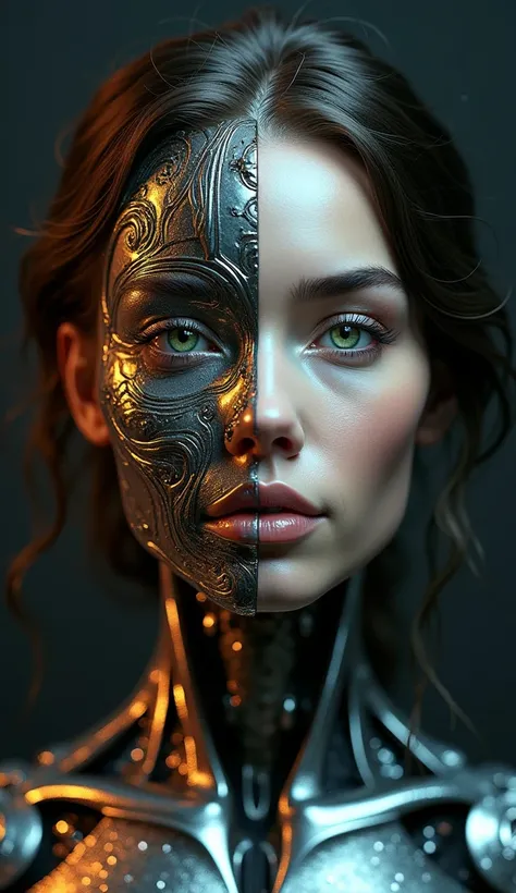 Metalworking model, Image of woman with left side like intricate and detailed liquid metal machinery, dynamic, sparkling, reflective, natural right side, smooth human face, seamless transition, expressive green eyes, intriguing, hair flows gracefully, like...