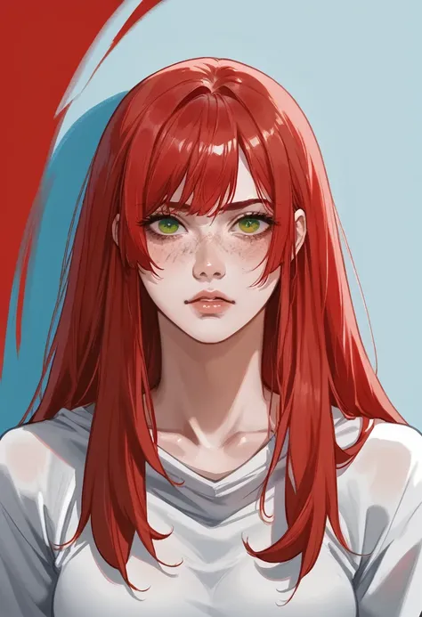 there is a drawing of a woman with red hair and a blue background, a character portrait inspired by rei kamoi, deviantart contes...