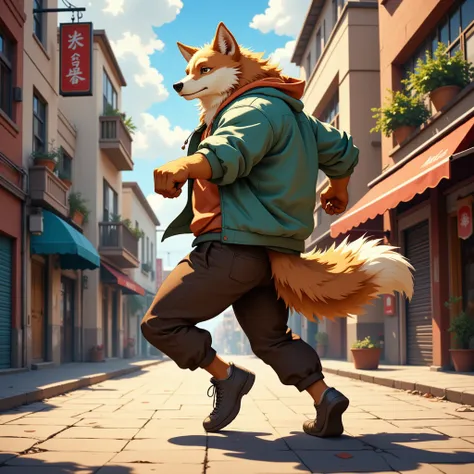 character focus, full body, looking away, back view, back focus, dynamic angle, street dancer, muscular middle-aged wolf man, happy, little smile, street fashion, jacket, pants, street dance, dancing, dynamic pose, standing, full body in Michelangelo Buona...