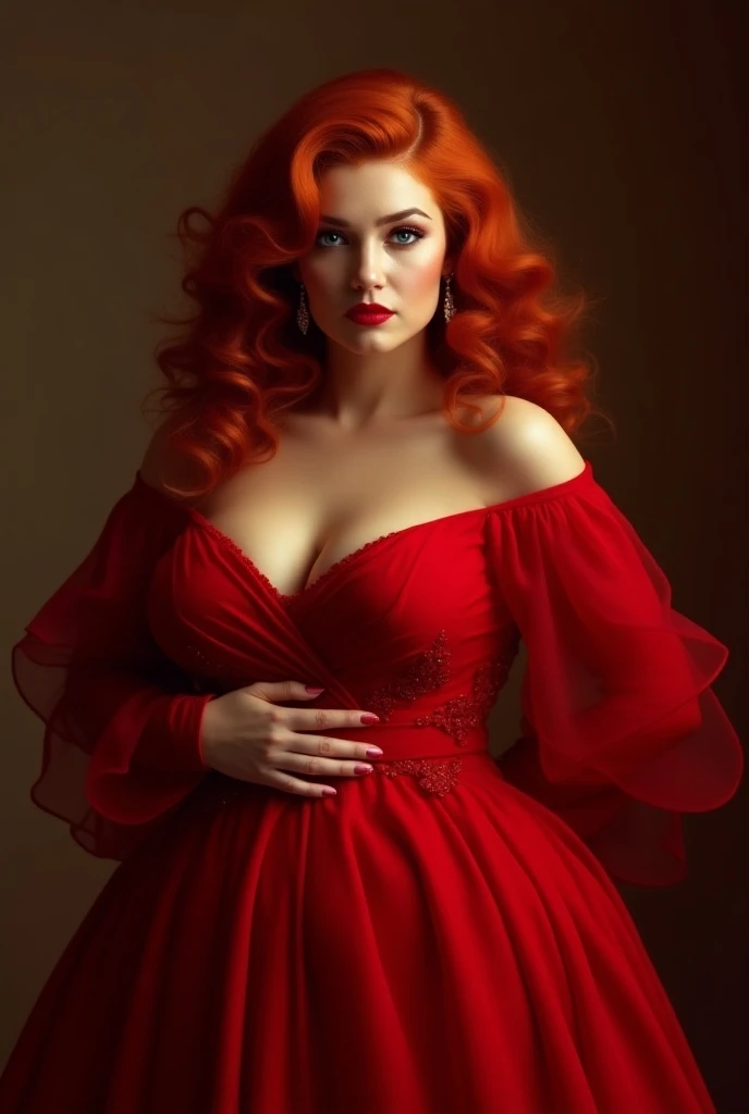 Red-haired woman with a voluminous body and blue eyes in a red dress